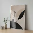 Soyut Botanik Nötr Toprak Tonları Tekli Gümüş Metal Çerçeveli Cam Tablo Salon Oturma