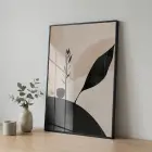 Soyut Botanik Nötr Toprak Tonları Tekli Siyah Metal Çerçeveli Cam Tablo Ev Dekorasyonu
