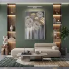 Soyut Çiçek Altın Bej Tonları Tekli Gümüş Metal Çerçeveli Cam Tablo Salon Oturma