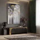 Soyut Çiçek Altın Bej Tonları Tekli Gümüş Metal Çerçeveli Cam Tablo Salon Oturma