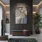 Soyut Çiçek Altın Bej Tonları Tekli Siyah Metal Çerçeveli Cam Tablo Yatak Odası