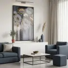 Soyut Çiçek Altın Bej Tonları Tekli Siyah Metal Çerçeveli Cam Tablo Yatak Odası