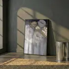 Soyut Çiçek Altın Bej Tonları Tekli Siyah Metal Çerçeveli Cam Tablo Yatak Odası