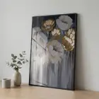 Soyut Çiçek Altın Bej Tonları Tekli Siyah Metal Çerçeveli Cam Tablo Yatak Odası