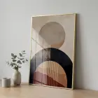 Geometrik Soyutlama Toprak Tonları Ve Tekli Gold Metal Çerçeveli Cam Tablo Duvar Salon