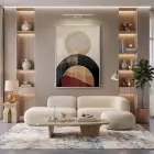 Geometrik Soyutlama Toprak Tonları Ve Tekli Gümüş Metal Çerçeveli Cam Tablo Salon Oturma