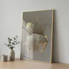 Organik Form Krem Tonları Tekli Gold Metal Çerçeveli Cam Tablo Yatak Odası Koridor