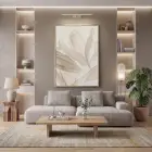 Eterik Yapraklar Uçuk Bej Tonları Tekli Gold Metal Çerçeveli Cam Tablo Poster Dekoratif