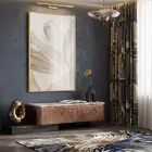 Eterik Yapraklar Uçuk Bej Tonları Tekli Gold Metal Çerçeveli Cam Tablo Poster Dekoratif