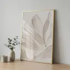 Eterik Yapraklar Uçuk Bej Tonları Tekli Gold Metal Çerçeveli Cam Tablo Poster Dekoratif