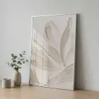 Eterik Yapraklar Uçuk Bej Tonları Tekli Gümüş Metal Çerçeveli Cam Tablo Yatak Odası