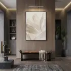 Eterik Yapraklar Uçuk Bej Tonları Tekli Siyah Metal Çerçeveli Cam Tablo Ev Dekorasyonu
