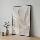 Eterik Yapraklar Uçuk Bej Tonları Tekli Siyah Metal Çerçeveli Cam Tablo Ev Dekorasyonu