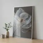 Büyük Çiçek Nötr Gri Tonları Tekli Gümüş Metal Çerçeveli Cam Tablo Poster Dekoratif