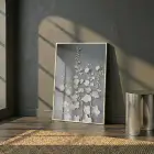 Bitkisel Motifler Koyu Gri Tonlar Tekli Beyaz Metal Çerçeveli Cam Tablo Ev Dekorasyonu