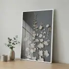 Bitkisel Motifler Koyu Gri Tonlar Tekli Beyaz Metal Çerçeveli Cam Tablo Ev Dekorasyonu