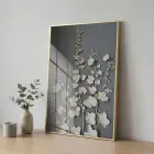 Bitkisel Motifler Koyu Gri Tonlar Tekli Gold Metal Çerçeveli Cam Tablo Yatak Odası