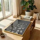 Bitkisel Motifler Koyu Gri Tonlar Tekli Gold Metal Çerçeveli Cam Tablo Yatak Odası