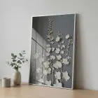 Bitkisel Motifler Koyu Gri Tonlar Tekli Gümüş Metal Çerçeveli Cam Tablo Ev Dekorasyonu