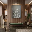 Bitkisel Motifler Koyu Gri Tonlar Tekli Siyah Metal Çerçeveli Cam Tablo Duvar Salon