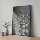 Bitkisel Motifler Koyu Gri Tonlar Tekli Siyah Metal Çerçeveli Cam Tablo Duvar Salon