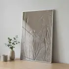 Bitkisel Kabartma Sıcak Bej Tonları Tekli Gümüş Metal Çerçeveli Cam Tablo Ev Dekorasyonu