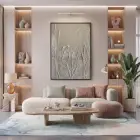 Bitkisel Kabartma Sıcak Bej Tonları Tekli Siyah Metal Çerçeveli Cam Tablo Poster Dekoratif