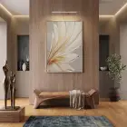 Akışkan Yapraklar Sıcak Krem Tonları Tekli Gold Metal Çerçeveli Cam Tablo Salon Oturma
