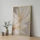 Akışkan Yapraklar Sıcak Krem Tonları Tekli Gold Metal Çerçeveli Cam Tablo Salon Oturma
