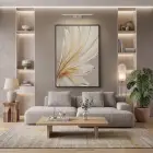 Akışkan Yapraklar Sıcak Krem Tonları Tekli Siyah Metal Çerçeveli Cam Tablo Ev Dekorasyonu