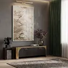 Bitki Rölyef Sıcak Bej Tonlar Tekli Beyaz Metal Çerçeveli Cam Tablo Yatak Odası