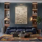 Bitki Rölyef Sıcak Bej Tonlar Tekli Gold Metal Çerçeveli Cam Tablo Ev Dekorasyonu