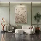 Bitki Rölyef Sıcak Bej Tonlar Tekli Gümüş Metal Çerçeveli Cam Tablo Duvar Salon