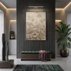 Bitki Rölyef Sıcak Bej Tonlar Tekli Siyah Metal Çerçeveli Cam Tablo Poster Dekoratif