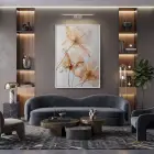 Şeffaf Çiçekler Sıcak Şeftali Tonları Tekli Beyaz Metal Çerçeveli Cam Tablo Salon Oturma