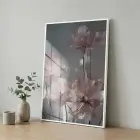 Şeffaf Çiçekler Pastel Pembe Tonları Tekli Beyaz Metal Çerçeveli Cam Tablo Ev Dekorasyonu