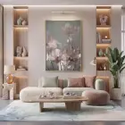 Şeffaf Çiçekler Pastel Pembe Tonları Tekli Gold Metal Çerçeveli Cam Tablo Duvar Salon