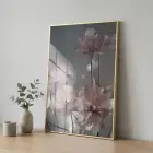 Şeffaf Çiçekler Pastel Pembe Tonları Tekli Gold Metal Çerçeveli Cam Tablo Duvar Salon