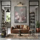 Şeffaf Çiçekler Pastel Pembe Tonları Tekli Siyah Metal Çerçeveli Cam Tablo Yatak Odası