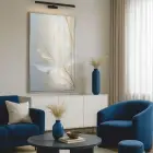 Eterik Yapraklar Nötr Krem Tekli Gümüş Metal Çerçeveli Cam Tablo Yatak Odası Koridor