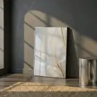 Eterik Yapraklar Nötr Krem Tekli Gümüş Metal Çerçeveli Cam Tablo Yatak Odası Koridor