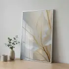 Eterik Yapraklar Nötr Krem Tekli Gümüş Metal Çerçeveli Cam Tablo Yatak Odası Koridor