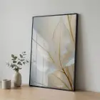 Eterik Yapraklar Nötr Krem Tekli Siyah Metal Çerçeveli Cam Tablo Duvar Salon Aksesuarları