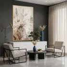 Soyut Çiçekler Sıcak Bej Tonlar Tekli Gold Metal Çerçeveli Cam Tablo Duvar Salon