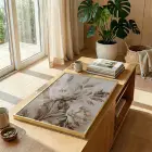 Soyut Çiçekler Sıcak Bej Tonlar Tekli Gold Metal Çerçeveli Cam Tablo Duvar Salon