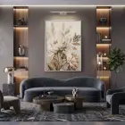 Soyut Çiçekler Sıcak Bej Tonlar Tekli Gümüş Metal Çerçeveli Cam Tablo Salon Oturma