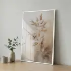 Bitki Desen Sıcak Bej Tonları Tekli Beyaz Metal Çerçeveli Cam Tablo Salon Oturma