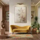 Bitki Desen Sıcak Bej Tonları Tekli Gold Metal Çerçeveli Cam Tablo Salon Oturma