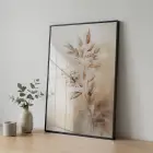 Bitki Desen Sıcak Bej Tonları Tekli Siyah Metal Çerçeveli Cam Tablo Ev Dekorasyonu