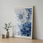 Suluboya Çiçek Buz Mavisi Tonları Tekli Gold Metal Çerçeveli Cam Tablo Poster Dekoratif